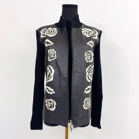 RARE VINTAGE KATHERINE BARCLAY LEATHER ZIP UP WITH ROSE LEATHER MOTIF JACKET - Picture 2 of 14